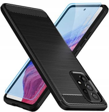 shumee Ovitek za Samsung Galaxy A53 5G z karbonskim ohišjem, oklepljen zadnji pokrov + steklo