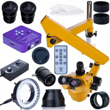 Rosfix Trinokularni mikroskop s 7-45x povečavo na nosilcu z 51MP 4K kamero + 0,5x Barlowovo lečo + 56x LED osvetljevalnikom | Profesionalni komplet za pregled in servis elektronike