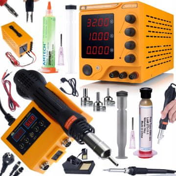 Rosfix AmpRush rares-3210 laboratorijski napajalnik 32V 10A + 2-v-1 spajkalna postaja na vroč zrak Orange Husky OH660 Electric serije S + fluks RMA-223 + fluks NC-559-ASM