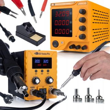 Rosfix Rosfix HQ 32V10A + S2 Fusion Pro - Nastavljiv laboratorijski napajalnik z LCD-jem 300W | 32V 10A | C.V/C.C | + 2-v-1 spajkalna postaja na vroč zrak LCD ESD 760W