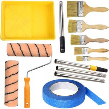Rosfix Komplet za barvanje: 2x valjček 25 cm + pladenj + teleskop + 5x sintetični čopiči brez lis + moder trak 40 mm HQ | Za stene in pohištvo | Profesionalni komplet