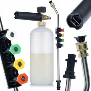 Rosfix 1/4 QC sulica, upognjena pri 15° + 5 šob + 1L penilnik - Komplet za visokotlačne čistilce | 160 barov | Združljivo s Karcher K2 K3 K4 K5 K6 K7 | Regulacija pene