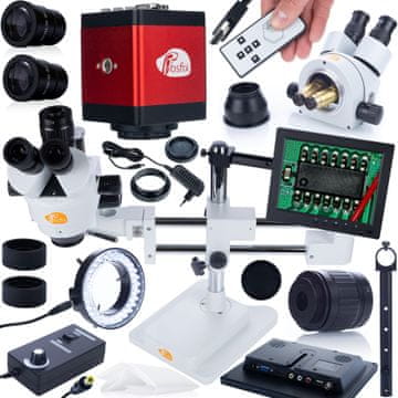 Rosfix Trinokularni stereo mikroskop Rosfix na nosilcu Jupiter Pro msjp-T-SDMS1 + 8 zaslonov + 56xLED osvetljevalec + držalo za zaslon + kamera Draco RED