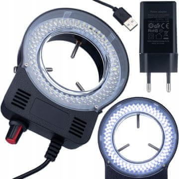 Rosfix MicroBright 144 LED USB RingLight - Obročasta luč za mikroskop | USB + napajalnik | 0-10 W | Nastavitev svetlosti 0-100 % | Premer montaže 30-65 mm