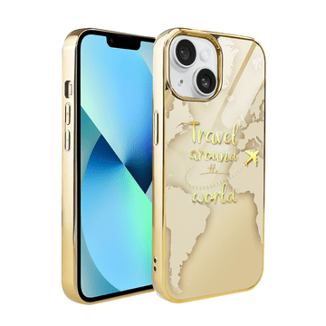 shumee Ovitek za iPhone 13 ibizu Elite Glass 3D, steklena hrbtna stran, zlat zemljevid sveta z napisom Travel around the World, zlat