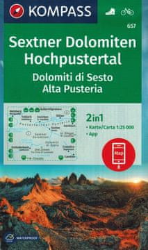 shumee Sextner Dolomiten Hochpustertal. Dolomiti di Sesto, Alta Pusteria. Vodotesen turistični zemljevid 657. Izdaja 2024. Kompass