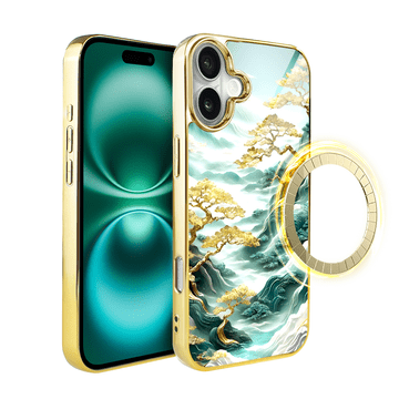 shumee Stekleni ovitek za iPhone 16 ibizu Elite z MagSafe, steklena hrbtna stran, zlata drevesa v japonskem slogu, zlata