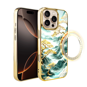 shumee Stekleni ovitek za iPhone 16 Pro ibizu Elite z MagSafe, steklena hrbtna stran, zlata drevesa v japonskem slogu, zlata