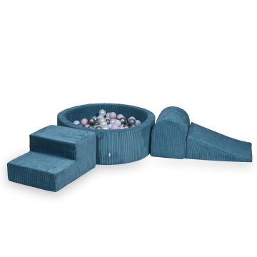 shumee Penasto igrišče z bazenom 90x30 Corduroy Blue 200 žogic: biserna, srebrna, svetlo roza biserna, svetlo modra biserna