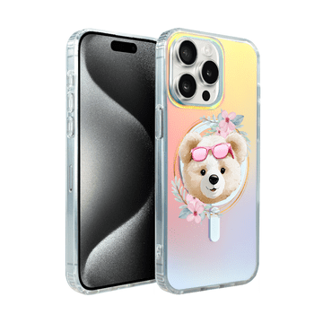 shumee Ovitek za iPhone 15 Pro Ibizu California Sunset z MagSafe, spreminjajoč barvo, Flower Queen, medvedek s cvetjem
