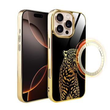 shumee Stekleni ovitek za iPhone 16 Pro ibizu Elite z MagSafe, steklena hrbtna stran, zlata polnoč, rjoveči jaguar, zlata