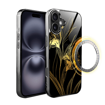 shumee Ovitek za iPhone 16 ibizu Elite Glass z MagSafe, steklena hrbtna stran, Golden Midnight, kraljevski peruniki, črna