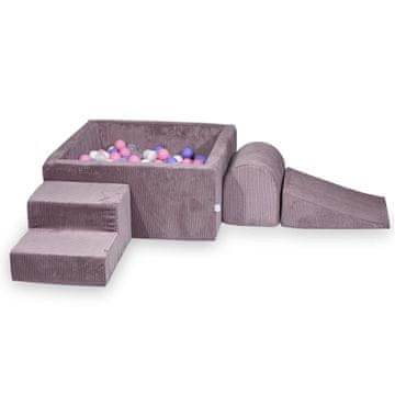 shumee Penasto igrišče z bazenom 90x90x40 Corduroy Lavender 400 žogic: prozorna, biserna, srebrna, pudrasto roza, heather