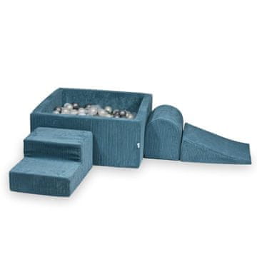 shumee Penasto igrišče z bazenom 90x90x40 Corduroy Blue 400 žogic: prozorna, srebrna, svetlo modra, biserna, opalescentna