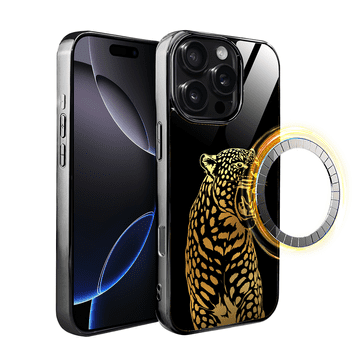 shumee Ovitek za iPhone 16 Pro Max ibizu Elite z MagSafe, steklena hrbtna stran, zlata polnoč, rjoveči jaguar, črna