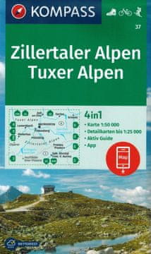 shumee Zillertalske Alpe, Tuxerske Alpe / Zillertalske Alpe. Vodoodporni pohodniški zemljevid 37. izdaja 2024. Kompass