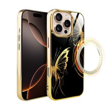 shumee Ovitek za iPhone 16 Pro ibizu Elite z MagSafe, steklena hrbtna stran, zlata polnoč, metuljeva krila, zlata