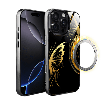 shumee Ovitek za iPhone 16 Pro ibizu Elite z MagSafe, steklena hrbtna stran, zlata polnoč, metuljeva krila, črna