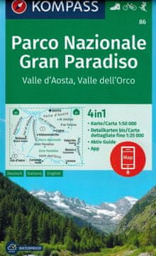 shumee Narodni park Gran Paradiso, dolina Aosta in Orco. Vodoodporni turistični zemljevid, 86. izdaja, 2024. Kompass