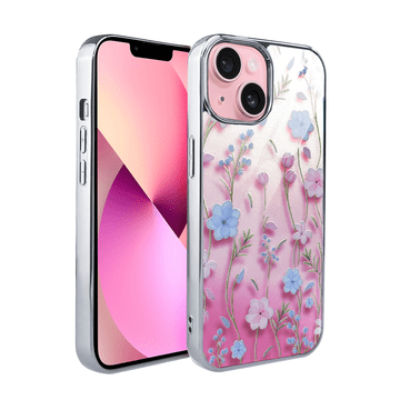 shumee 3D stekleni ovitek za iPhone 13 ibizu Elite, steklena hrbtna stran, poletno cvetje ob sončnem zahodu, srebrn