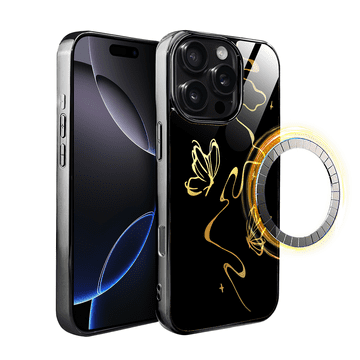 shumee Ovitek za iPhone 16 Pro ibizu Elite z MagSafe, steklena hrbtna stran, zlata polnoč, učinek metulja, črna