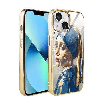 shumee Stekleni ovitek za iPhone 13 ibizu Elite, steklena hrbtna stran, umetnost Kintsugi, ženska z biserom, zlat