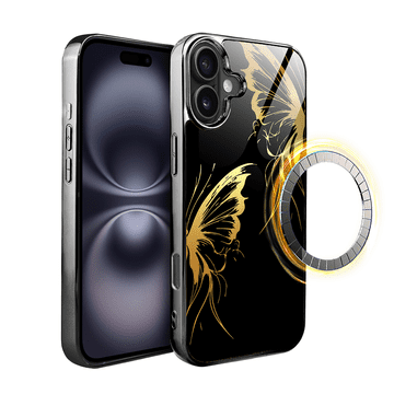 shumee Ovitek za iPhone 16 ibizu Elite z MagSafe, steklena hrbtna stran, zlata polnoč, metuljeva krila, črna