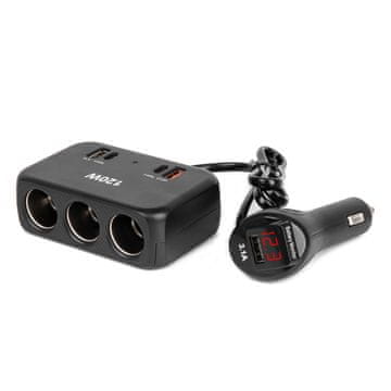 AMIO Razdelilnik za vtičnico za vžigalnik s polnilnikom 2x USB-A 1x USB-C QC4.0 12V 24V 120W 80cm amio-04366