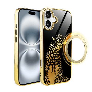 shumee Ovitek za iPhone 16 Plus ibizu Elite z MagSafe, steklena hrbtna stran, zlata polnoč, leopard, zlata