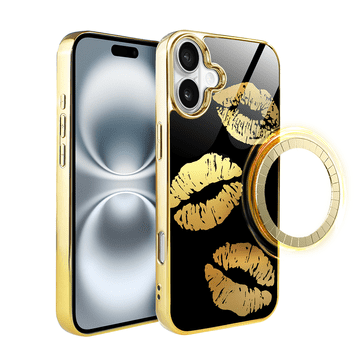 shumee Ovitek za iPhone 16 Plus ibizu Elite z MagSafe, steklena hrbtna stran, zlata polnoč, ustnice, zlata
