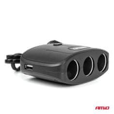 AMIO Razdelilnik vtičnice za vžigalnik s polnilnikom 2x USB-A VKLOP/IZKLOP 12V 24V 100W 70cm amio-04362