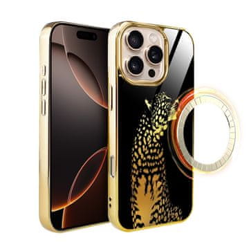 shumee Ovitek za iPhone 16 Pro ibizu Elite z MagSafe, steklena hrbtna stran, zlata polnoč, leopard, zlata