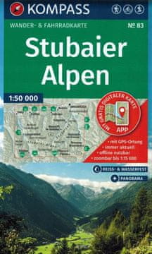 shumee Stubaier Alpen (Stubajske Alpe) 1:50.000. Vodoodporen turistični zemljevid 83. Ed. 2026. Kompass