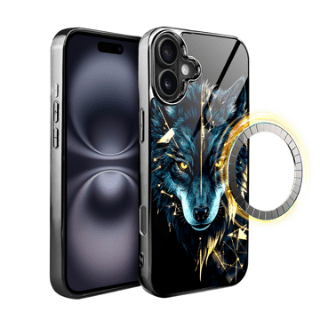 shumee Stekleni ovitek za iPhone 16 ibizu Elite z MagSafe, steklena hrbtna stran, Power Wolf, črn krom