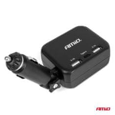 AMIO Razdelilnik vtičnice za vžigalnik s polnilnikom 2x USB-A 1x USB-C 12V 24V 100W 180° amio-04357