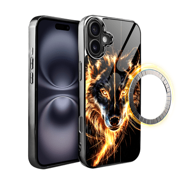 shumee Ovitek za iPhone 16 Plus ibizu Elite z MagSafe, steklena hrbtna stran, Fire Wolf, črn krom
