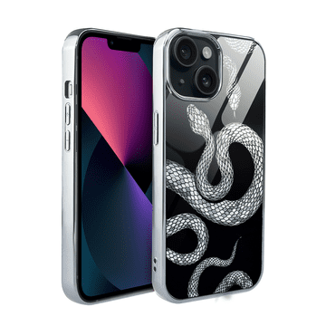 shumee Ovitek za iPhone 13 ibizu Elite Glass, steklena hrbtna stran, kače s srebrnim vzorcem, srebrno