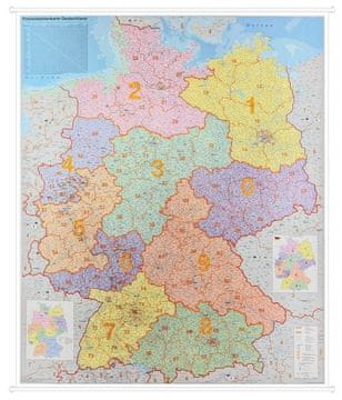 shumee Nemčija 1:750.000. Stenski zemljevid s kodami in upravnimi predpisi. Poštne številke. Stiefel