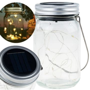 TOP GIFT TG77618 LED vrtna svetilka, viseča solarna svetilka, steklen kozarec, žica 10 LED toplo bela
