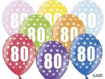 PartyDeco Lateks baloni s številko '80', 30 cm, kovinski, mešanica različnih barv (1 paket / 6 kosov)