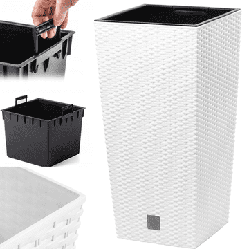 TOP GIFT DRTS265-S449 velik cvetlični lonec za vrt, ratanov, bel, z vstavljivim pokrovom, za teraso