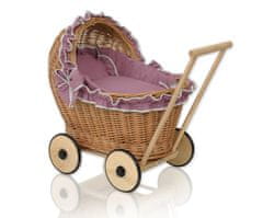 MY SWEET BABY Pleten voziček za punčke z retro roza posteljnino in mehko podlogo chiara - naravna barva