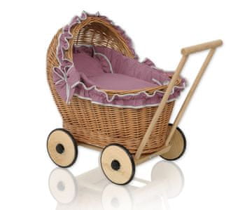 MY SWEET BABY Pleten voziček za punčke z retro roza posteljnino in mehko podlogo chiara - naravna barva