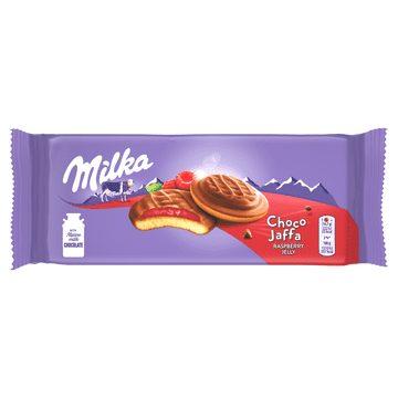 Mondelez Milka Choco Jaffa biskvitni piškoti z malinovim želejem, preliti z mlečno čokolado 147 g