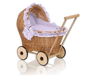 MY SWEET BABY Pleten voziček za punčke z vijolično posteljnino in mehko podlogo chiara - naravna barva