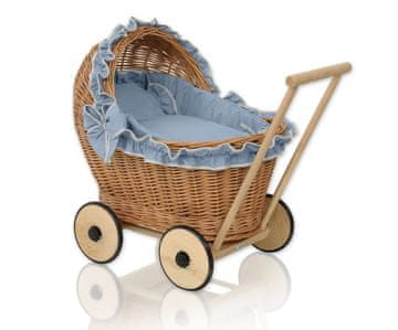 MY SWEET BABY Pleten voziček za punčke z umazano modro posteljnino in mehko podlogo chiara - naravna