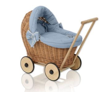 MY SWEET BABY Pleten voziček za punčke z umazano modro posteljnino in mehko podlogo Stella - naravna