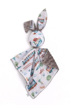 Bobono Plišasta igrača Doudou Bunny, dvostranska bombažna in minky - turkizna vlečnica - siva