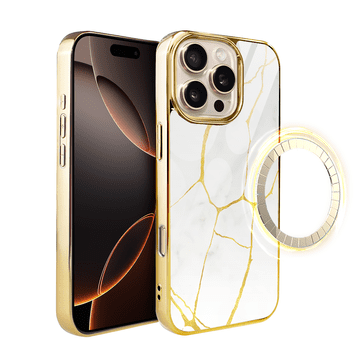 shumee iPhone 16 Pro ibizu Elite Glass Case z MagSafe, Kintsugi, bel porcelan, zlata