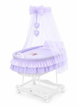 MY SWEET BABY Pletena košara Mojzes s baldahinom, medvedek z pentljo - bela + vijolična posteljnina